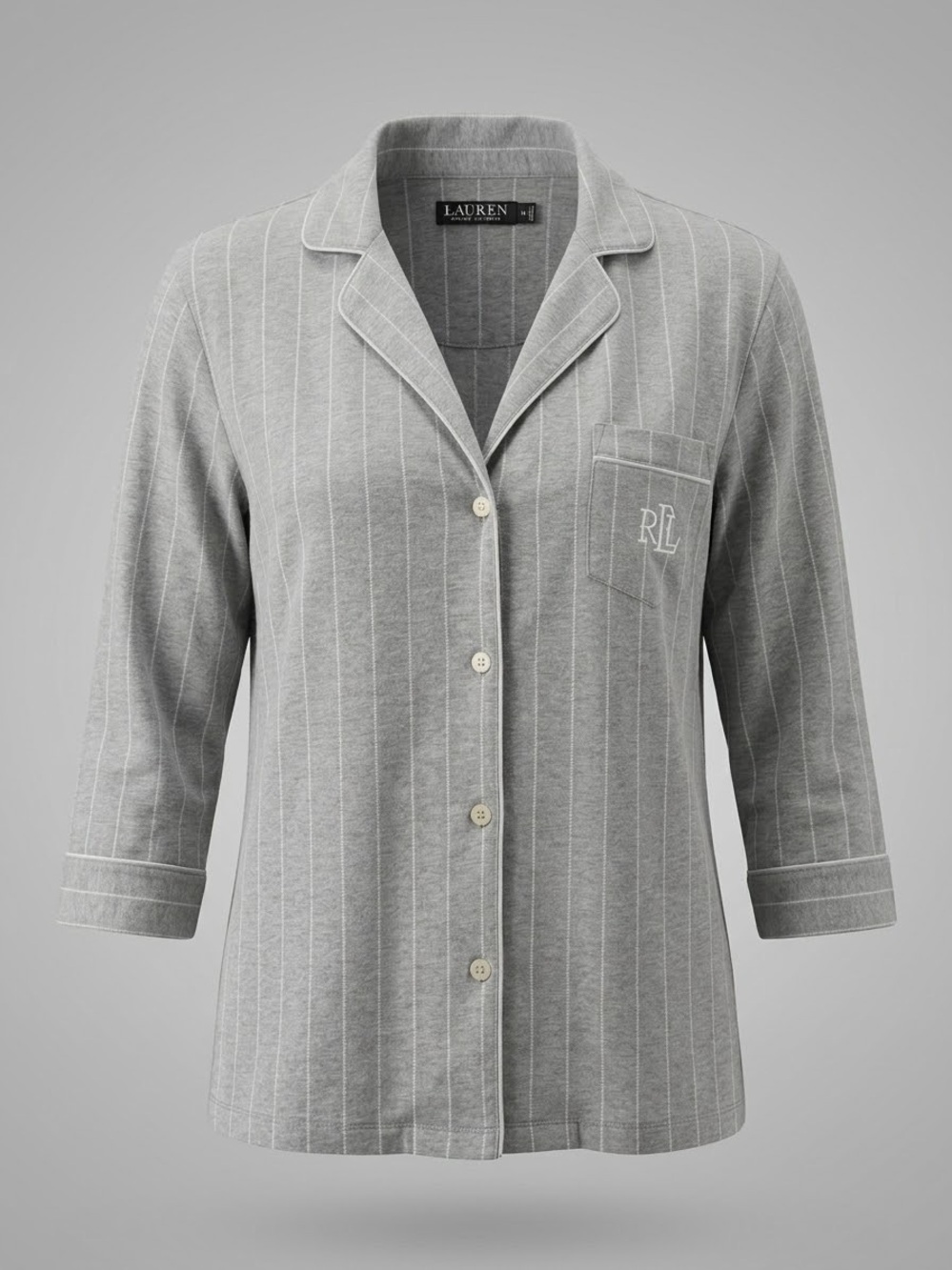 Lauren Ralph Lauren Pinstripe Cotton Button Down Pajama Top LRL Monogram
